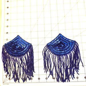 Blue bead and sequin epaulet appliques with bead fringe set of 2